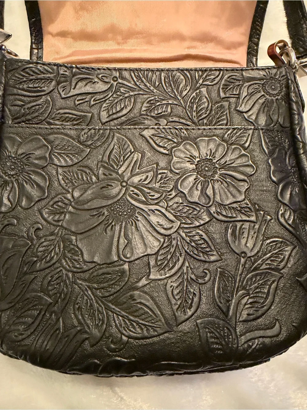 Black Embossed Floral Concealed Weapon Crossbody Shoulder Bag - Picture 4 of 11